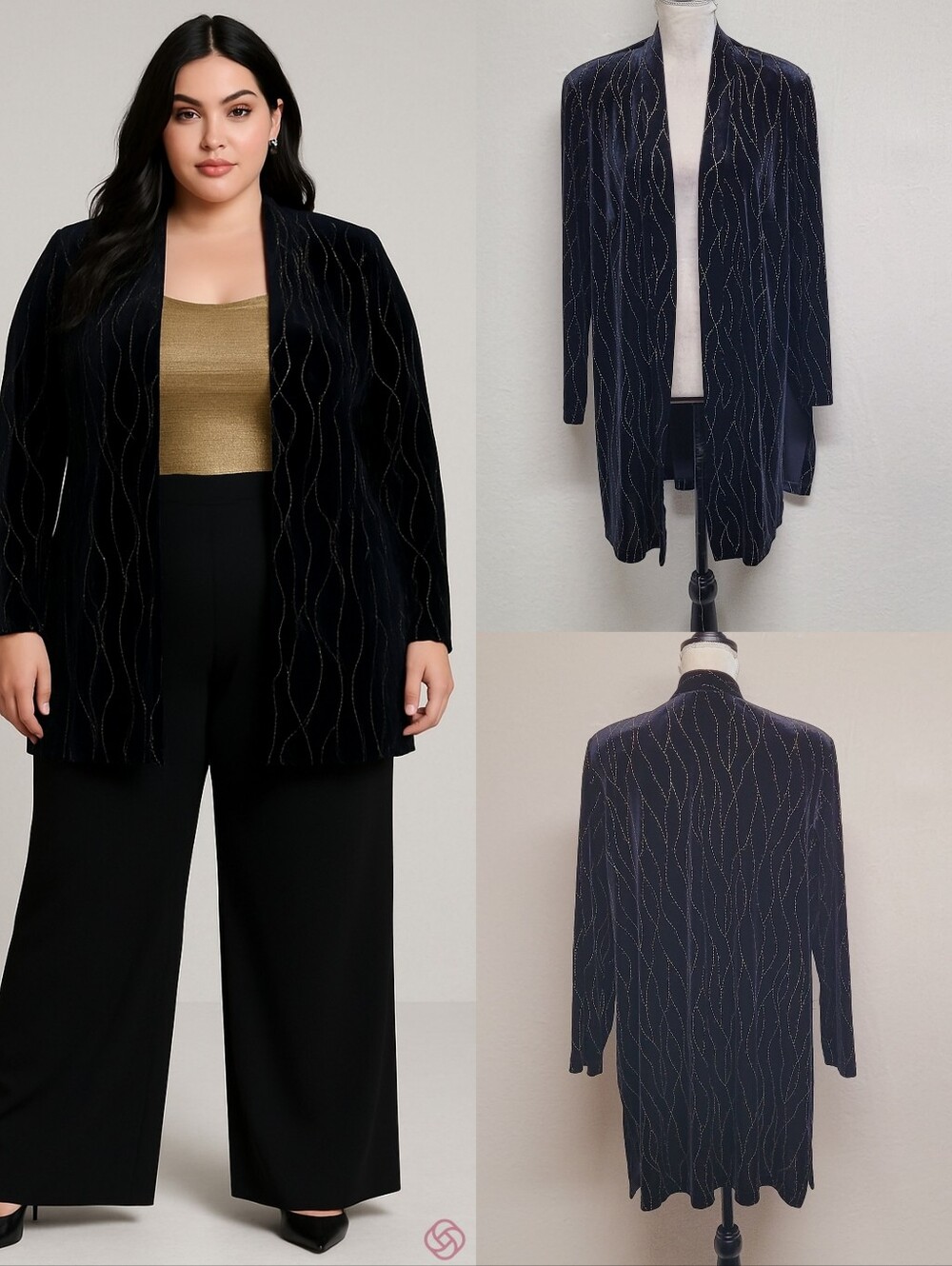 80s Vintage Ronni Nicole II Black Velvet Gold Vine Embroidered Sweater Jacket 18